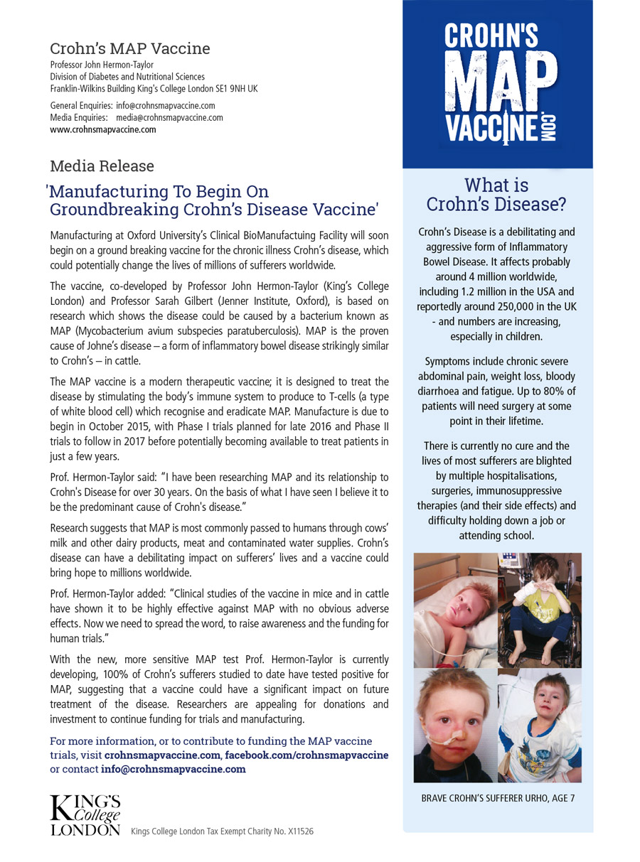 Crohn's MAP Vaccine Media Release
